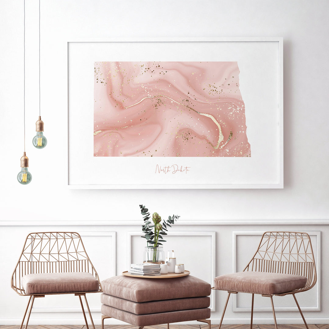 North Dakota Map Pink and Gold Wall Art Print | USA | US State | United States of America