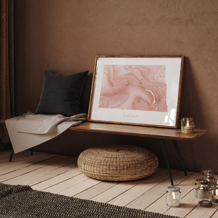 North Dakota Map Pink and Gold Wall Art Print | USA | US State | United States of America