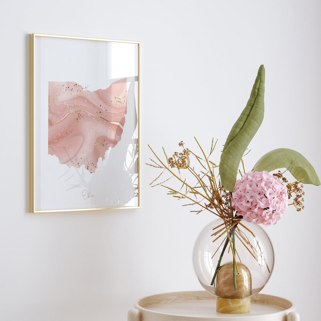 Ohio Map Pink and Gold Wall Art Print | USA | US State | United States of America