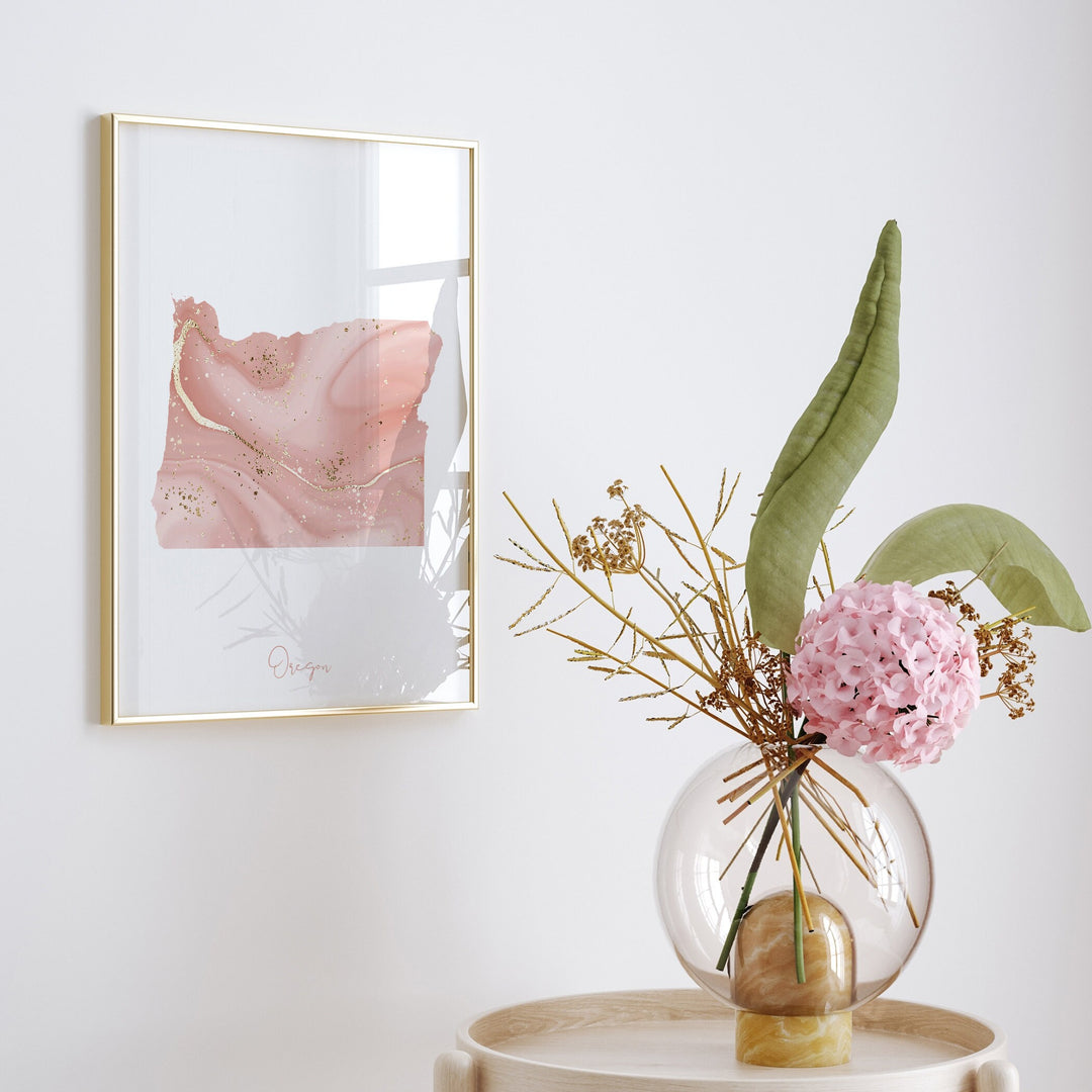 Oregon Map Pink and Gold Wall Art Print | USA | US State | United States of America