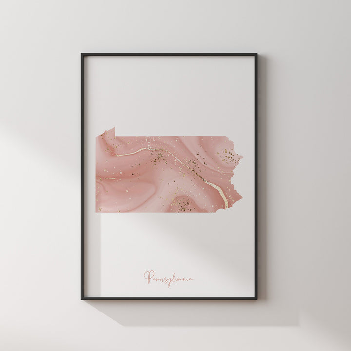 Pennsylvania Map Pink and Gold Wall Art Print | USA | US State | United States of America