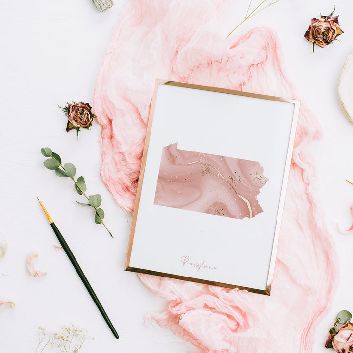 Pennsylvania Map Pink and Gold Wall Art Print | USA | US State | United States of America