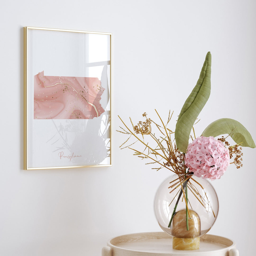 Pennsylvania Map Pink and Gold Wall Art Print | USA | US State | United States of America