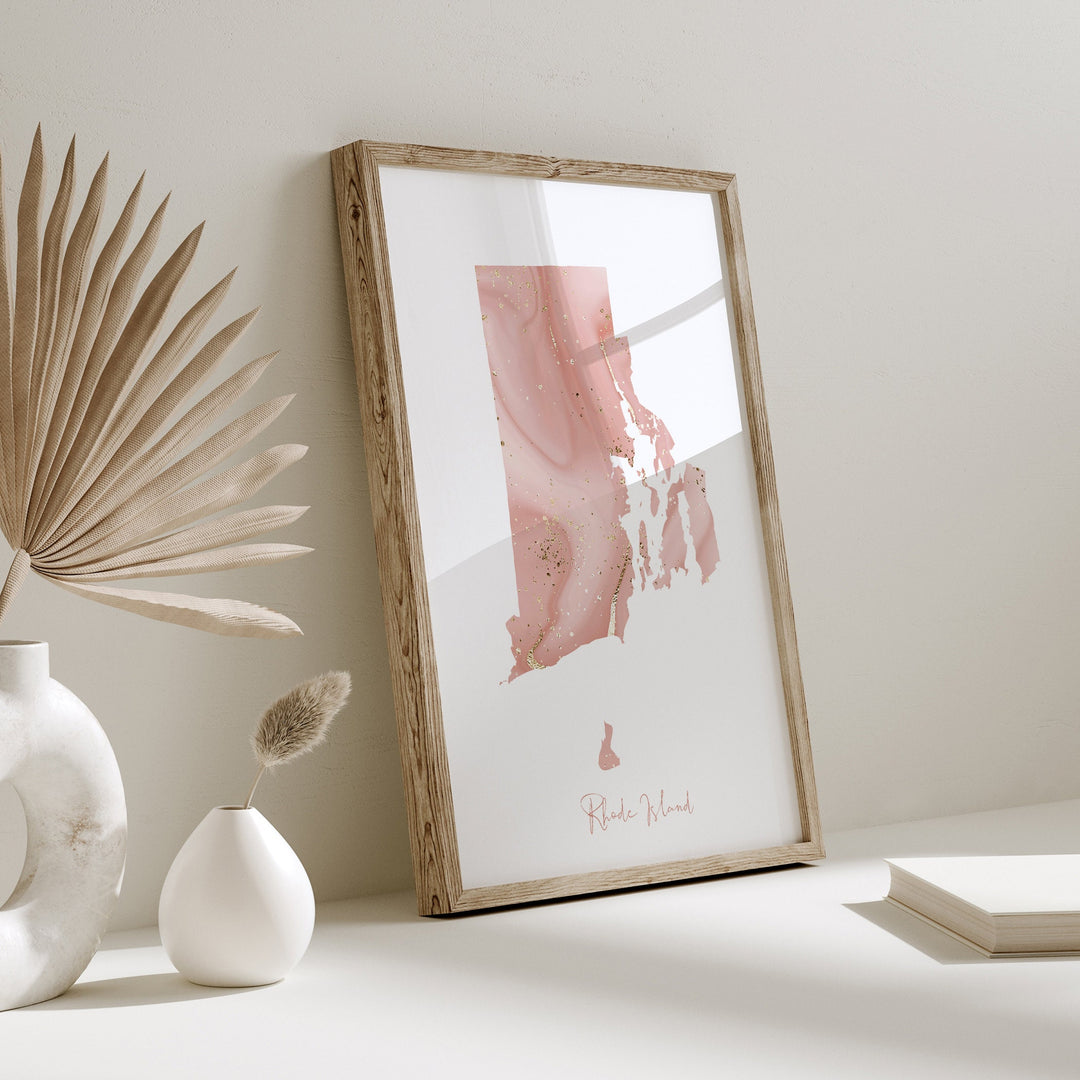 Rhode Island Map Pink and Gold Wall Art Print | USA | US State | United States of America