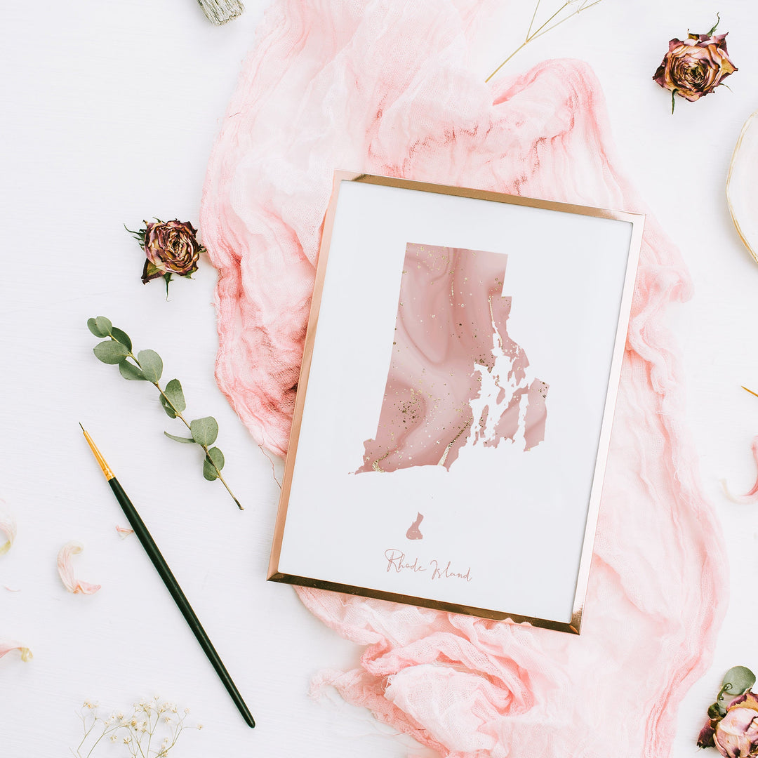 Rhode Island Map Pink and Gold Wall Art Print | USA | US State | United States of America