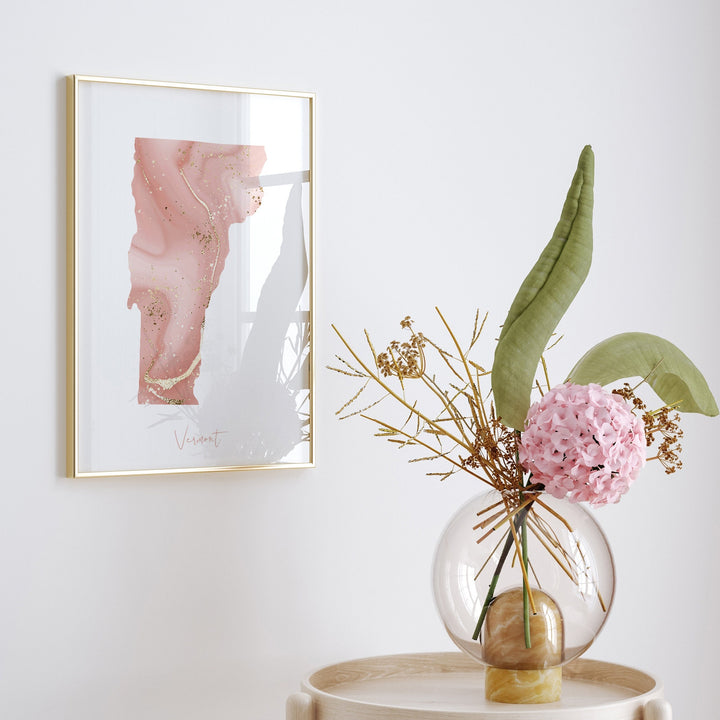 Vermont Map Pink and Gold Wall Art Print | USA | US State | United States of America