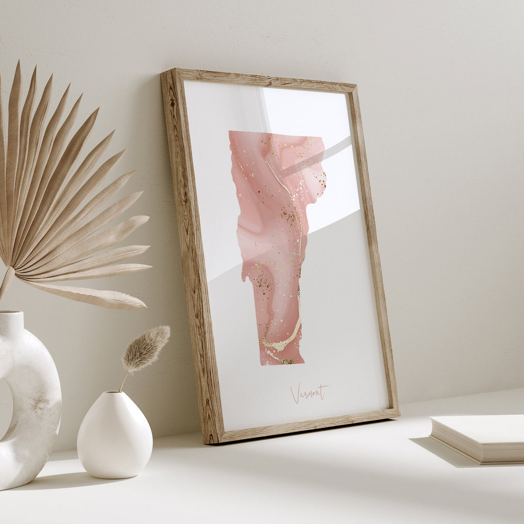 Vermont Map Pink and Gold Wall Art Print | USA | US State | United States of America