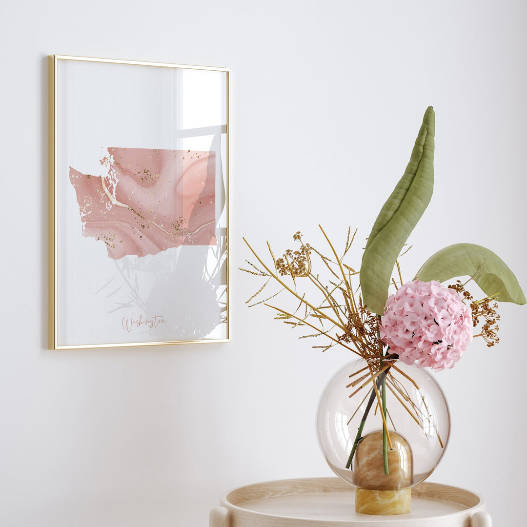 Washington Map Pink and Gold Wall Art Print | USA | US State | United States of America