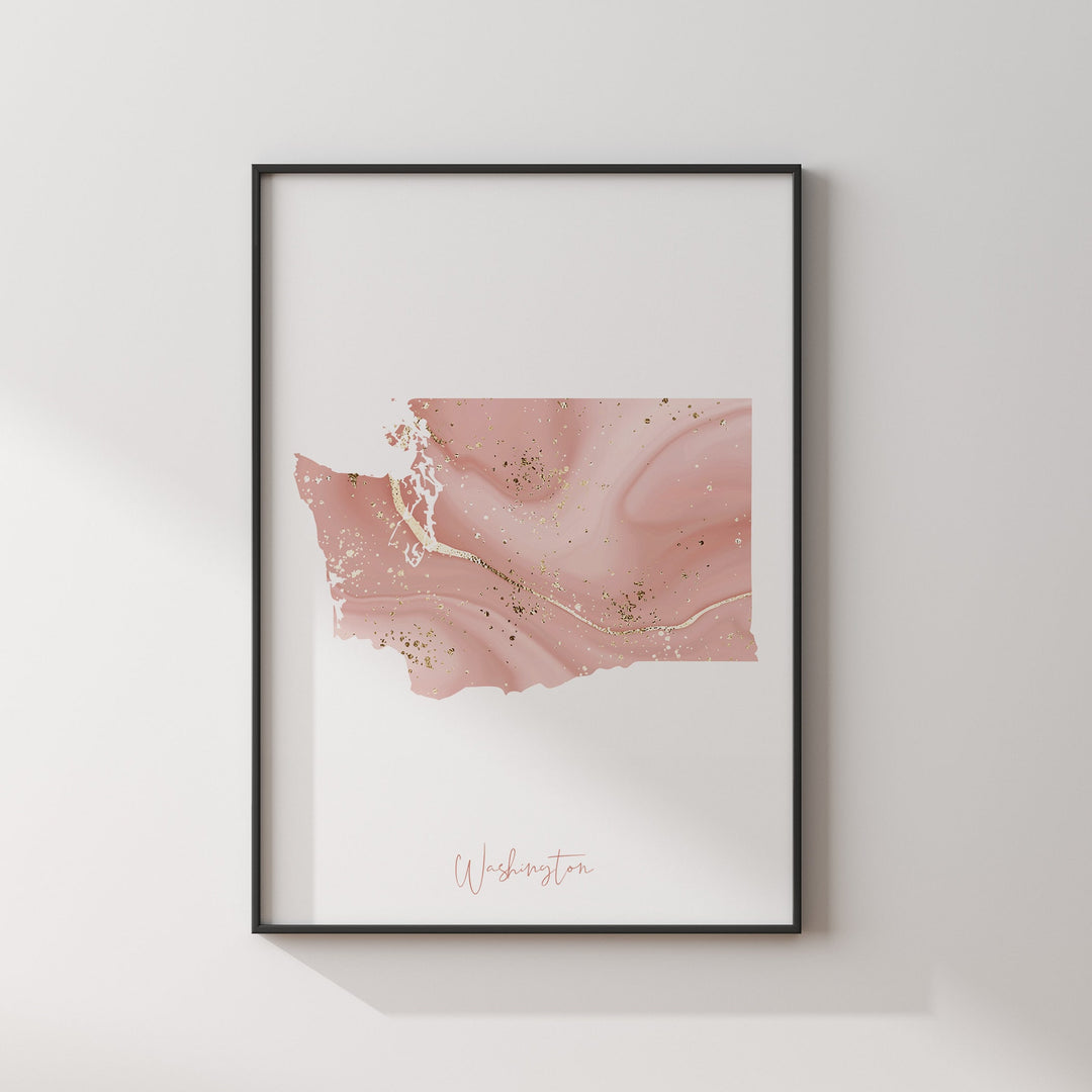Washington Map Pink and Gold Wall Art Print | USA | US State | United States of America