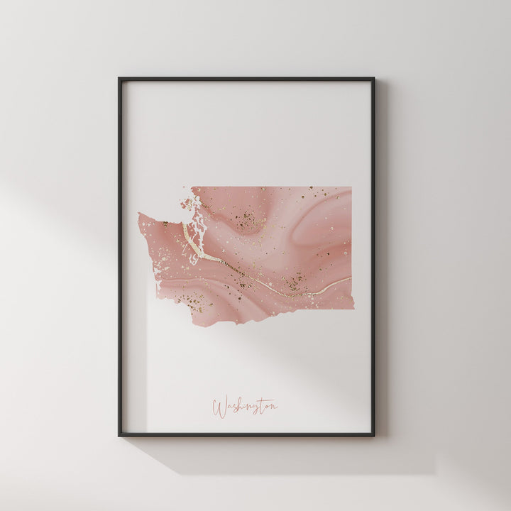 Washington Map Pink and Gold Wall Art Print | USA | US State | United States of America