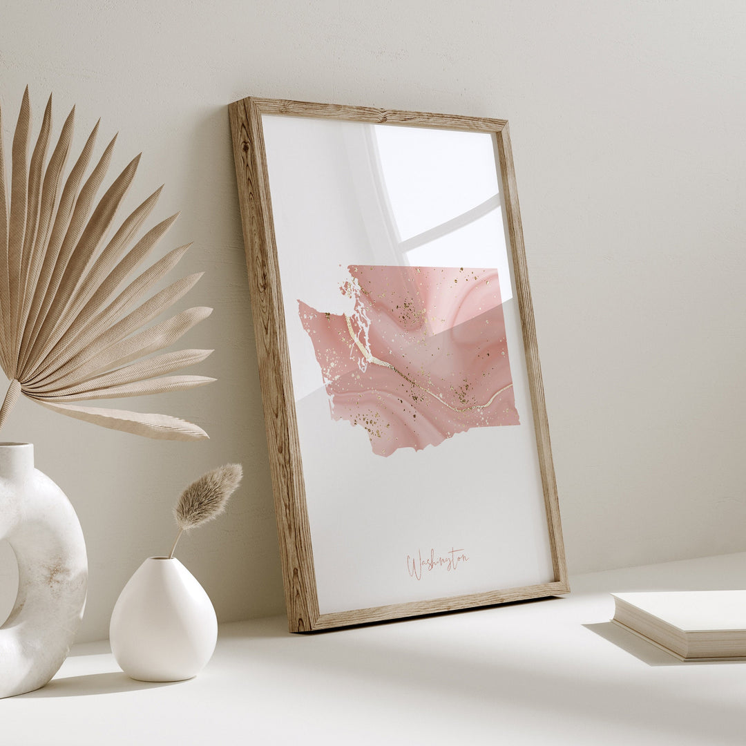 Washington Map Pink and Gold Wall Art Print | USA | US State | United States of America