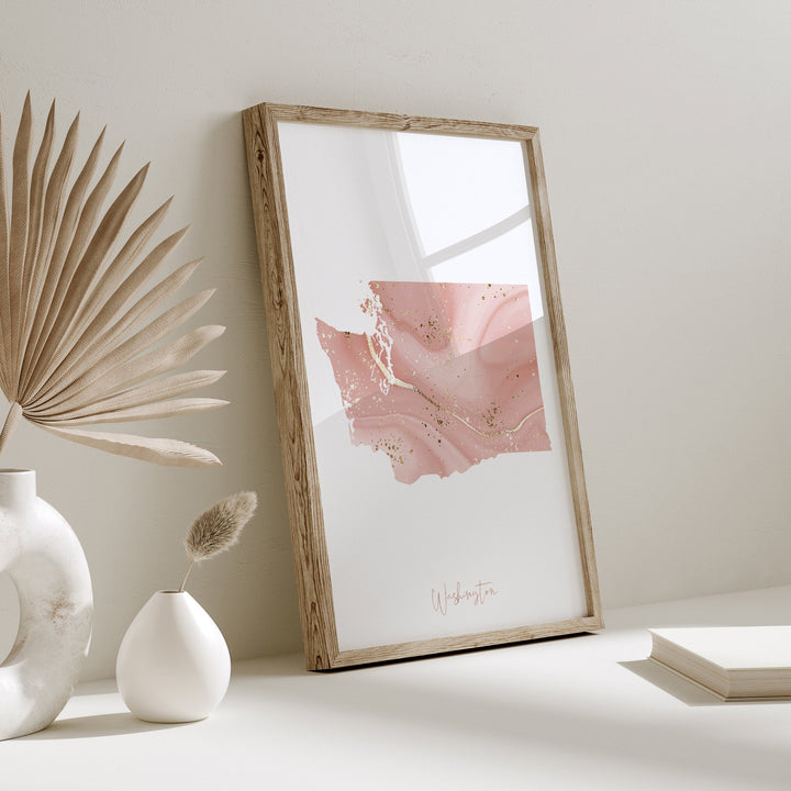 Washington Map Pink and Gold Wall Art Print | USA | US State | United States of America