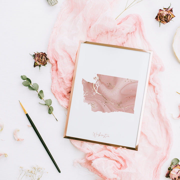 Washington Map Pink and Gold Wall Art Print | USA | US State | United States of America