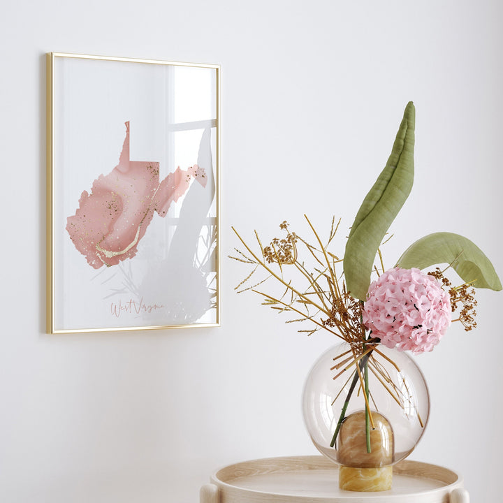 West Virginia Map Pink and Gold Wall Art Print | USA | US State | United States of America
