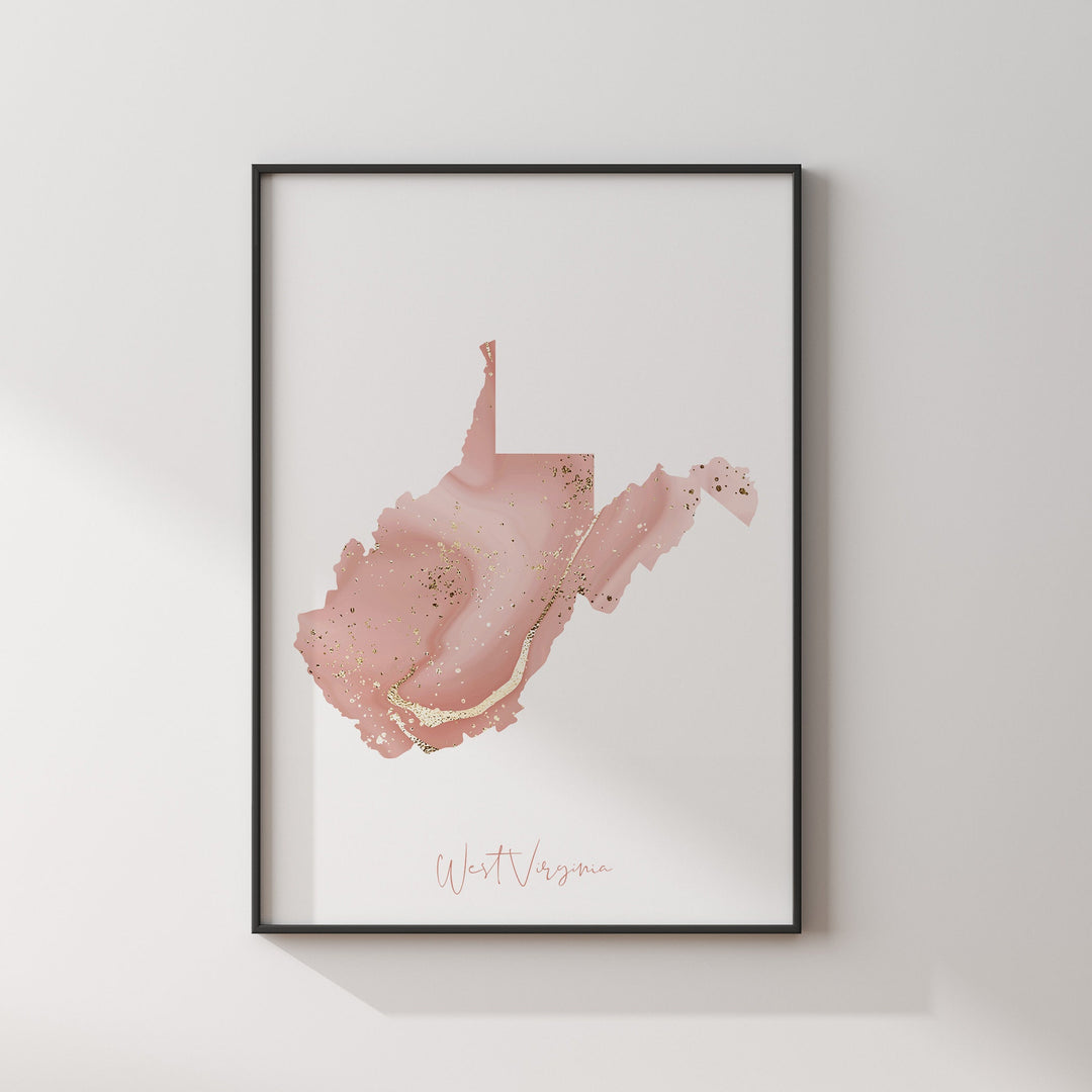 West Virginia Map Pink and Gold Wall Art Print | USA | US State | United States of America