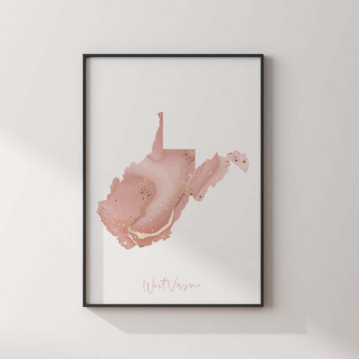West Virginia Map Pink and Gold Wall Art Print | USA | US State | United States of America