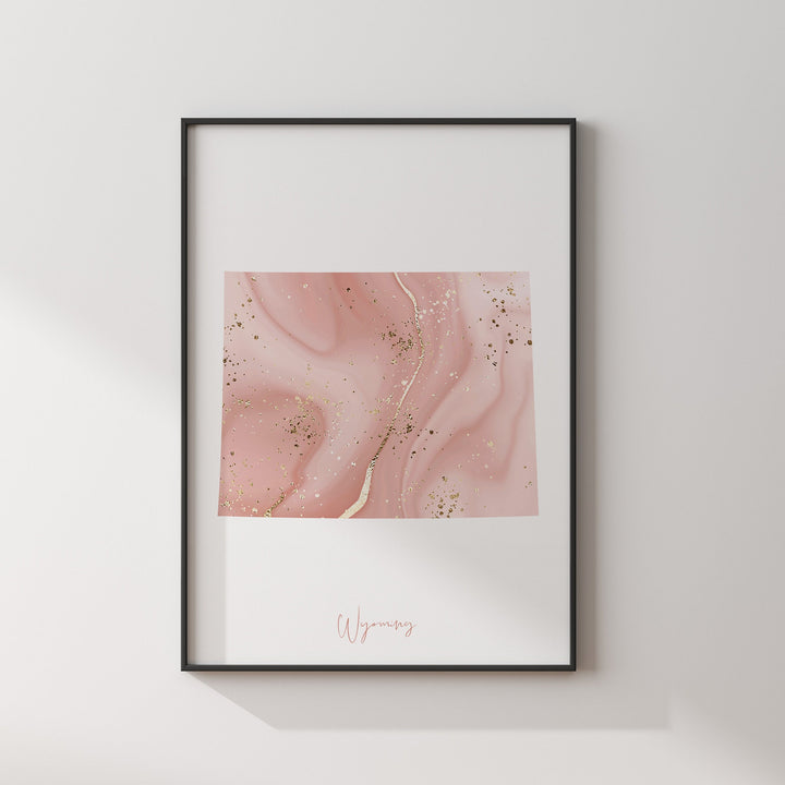 Wyoming Map Pink and Gold Wall Art Print | USA | US State | United States of America