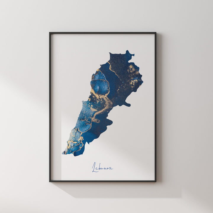 Lebanon Map Blue and Gold Wall Art Print