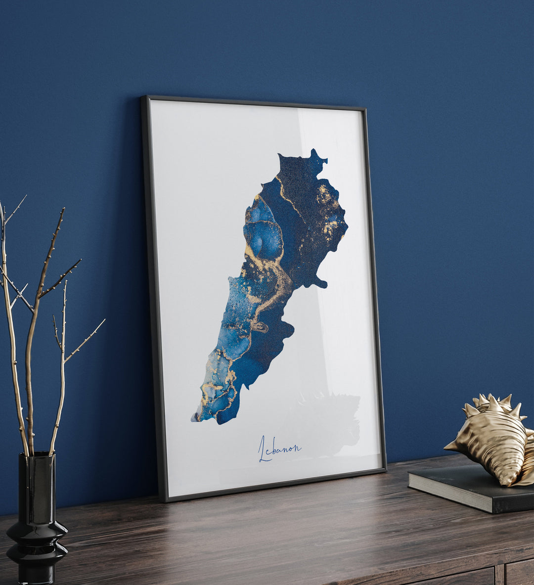 Lebanon Map Blue and Gold Wall Art Print