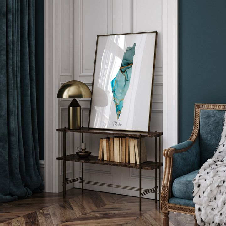 Palestine Map Shades of Blue & Green With Gold Wall Art Print