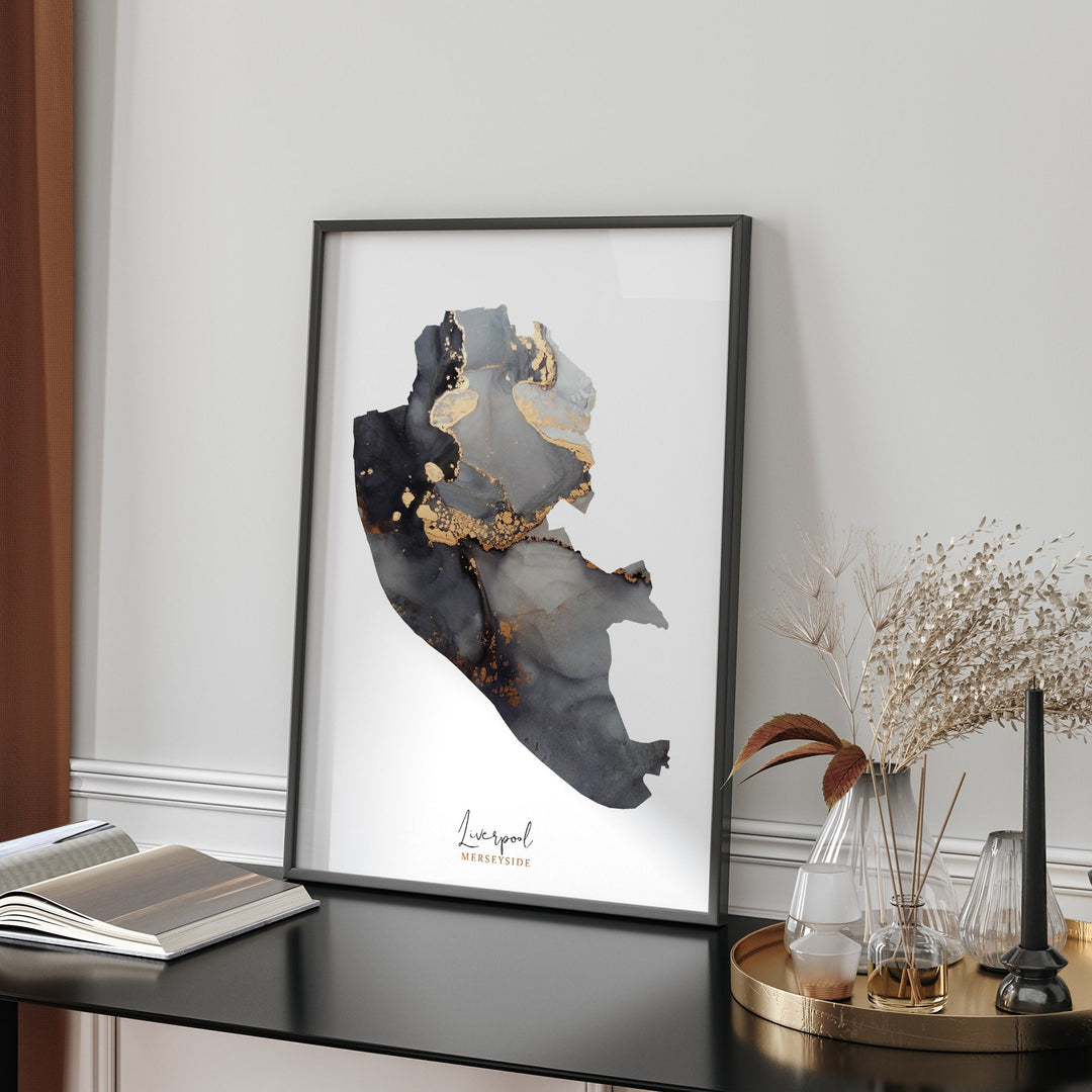 Liverpool Map Black & Gold Wall Art Print | Merseyside | England | United Kingdom | Great Britain