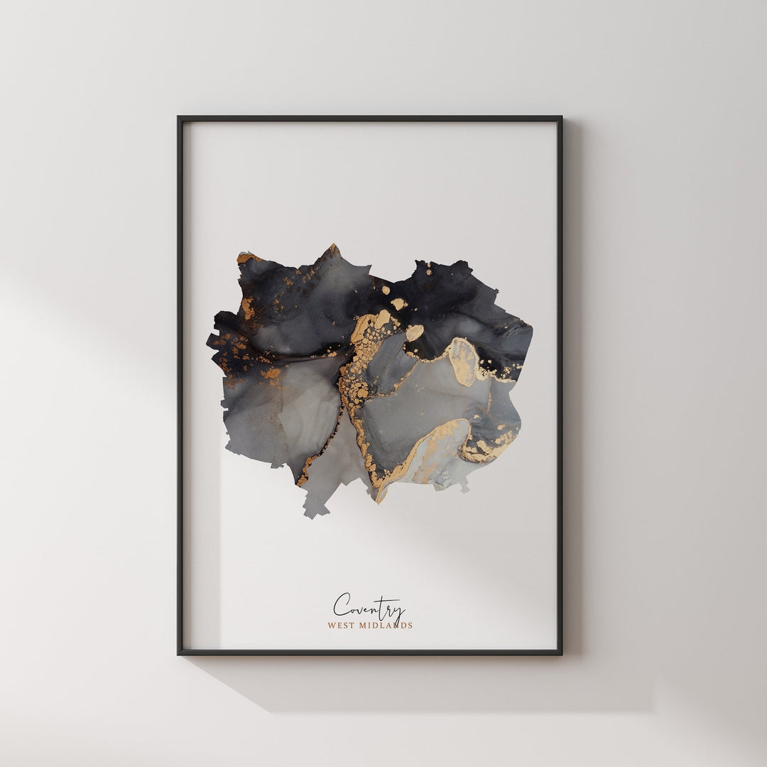 Coventry Map Black & Gold Wall Art Print | West Midlands | England | United Kingdom | Great Britain