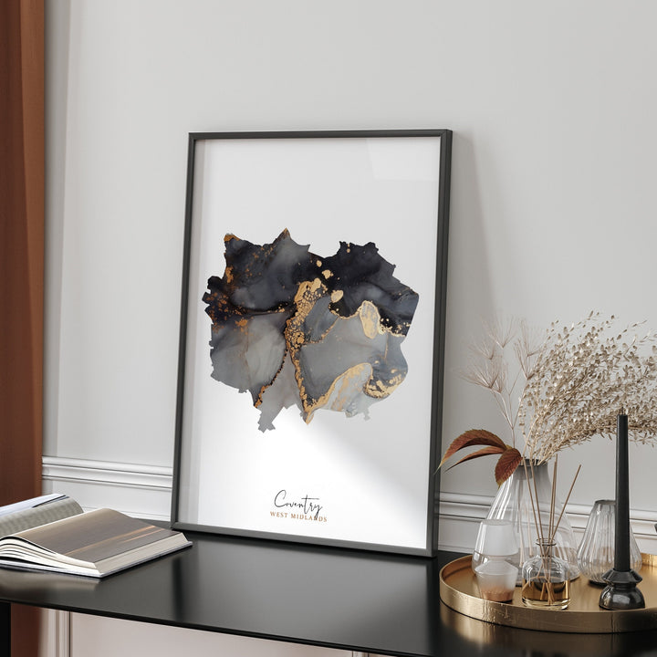Coventry Map Black & Gold Wall Art Print | West Midlands | England | United Kingdom | Great Britain