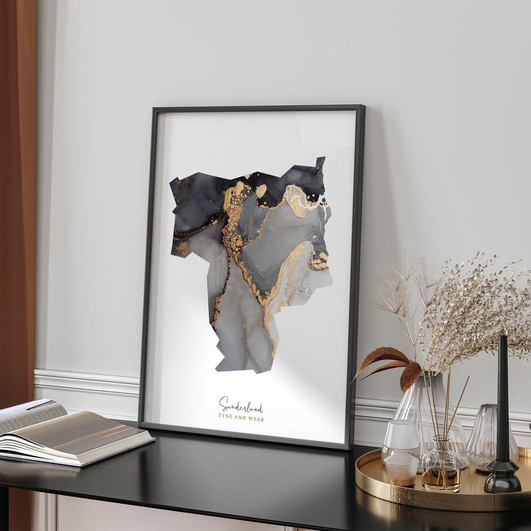 Sunderland Map Black & Gold Wall Art Print | Tyne and Wear | England | United Kingdom | Great Britain