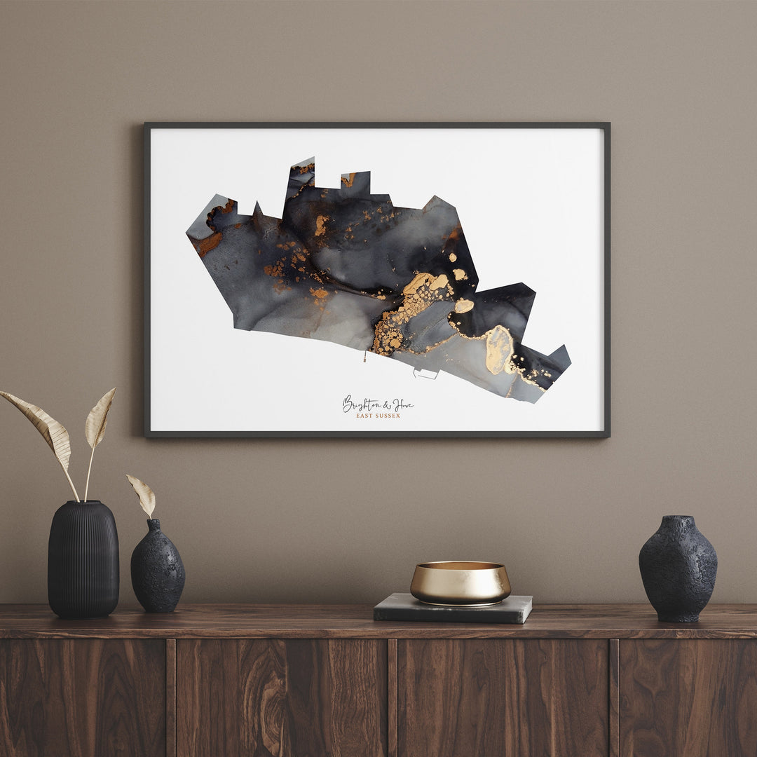 Brighton & Hove Map Black and Gold Wall Art Print | East Sussex | England | United Kingdom | Great Britain