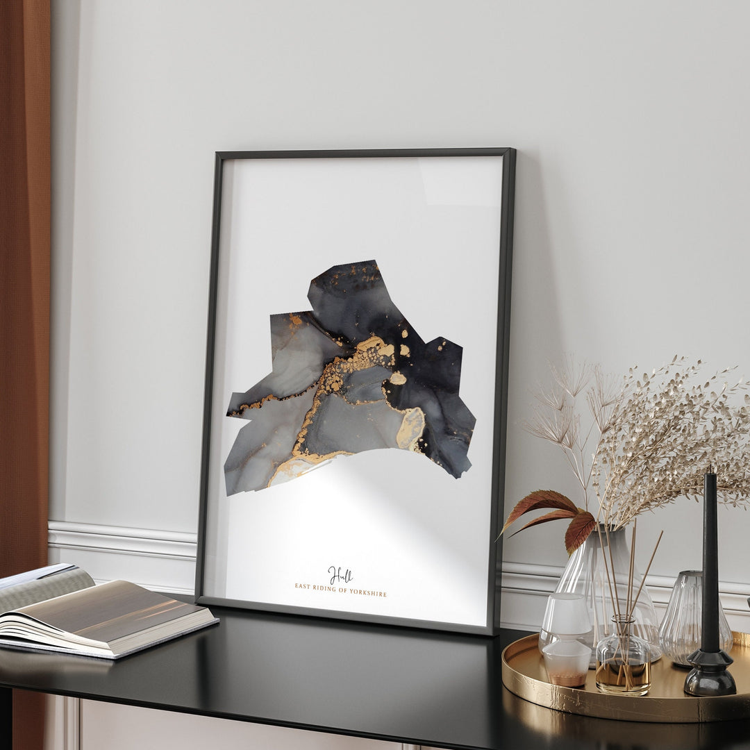 Hull Map Black and Gold Wall Art Print | East Riding of Yorkshire | England | United Kingdom | Great Britain