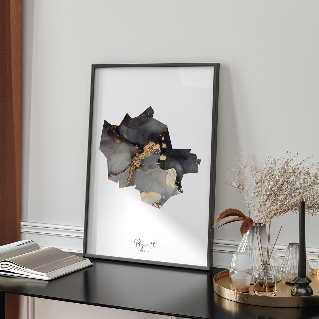 Plymouth Map Black and Gold Wall Art Print | Devon | England | United Kingdom | Great Britain