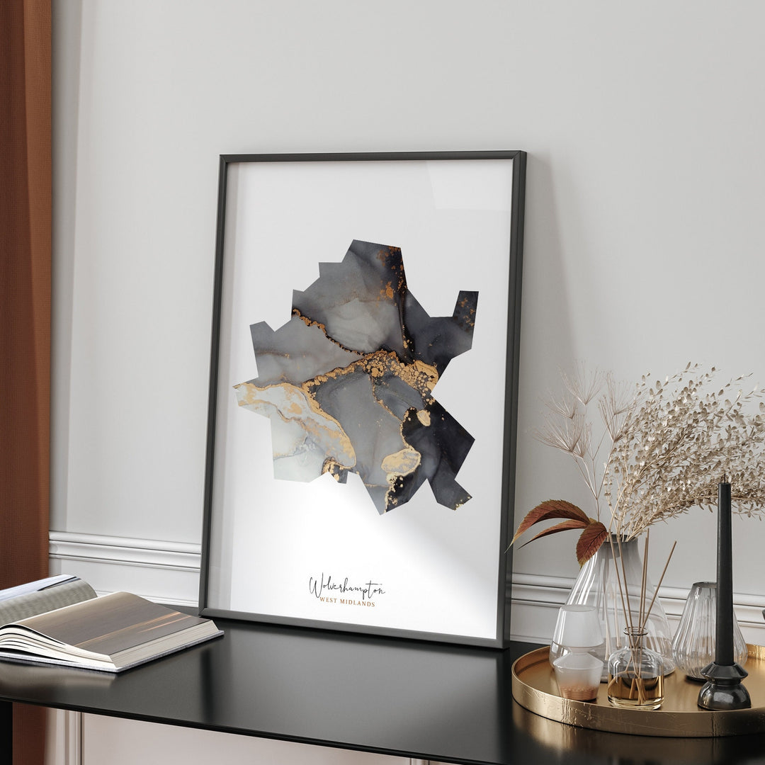 Wolverhampton Map Black and Gold Wall Art Print | West Midlands | England | United Kingdom | Great Britain