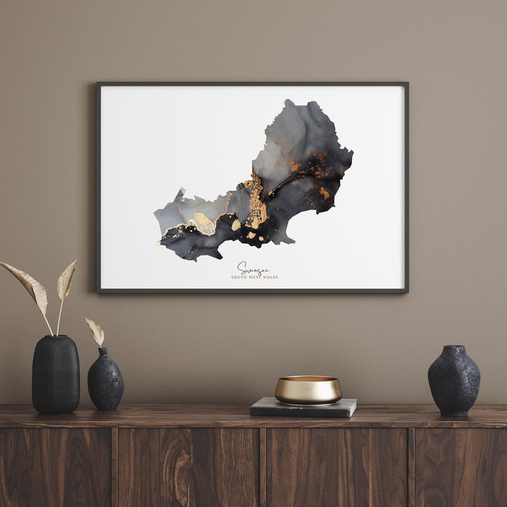 Swansea Map Black and Gold Wall Art Print | South West Wales | United Kingdom | Great Britain