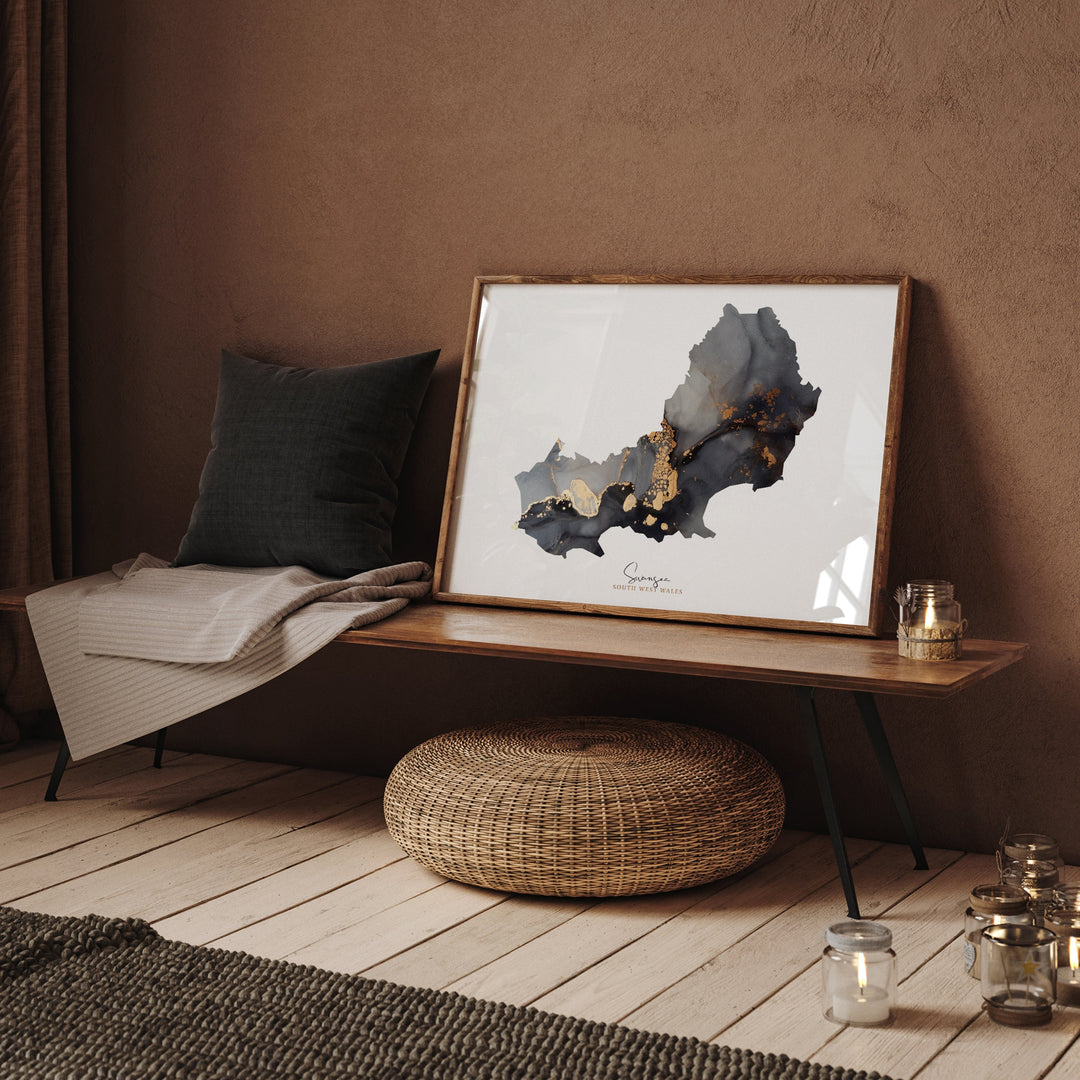 Swansea Map Black and Gold Wall Art Print | South West Wales | United Kingdom | Great Britain