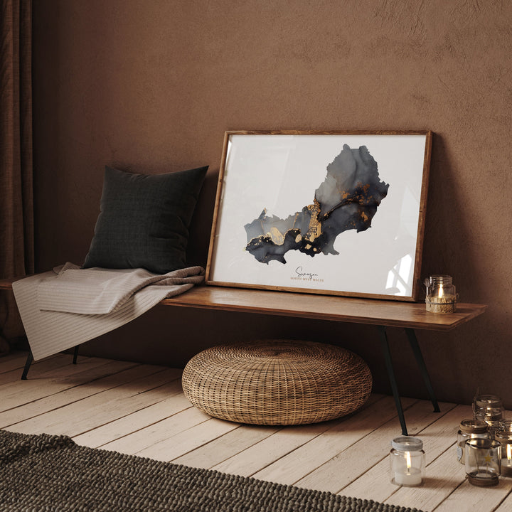 Swansea Map Black and Gold Wall Art Print | South West Wales | United Kingdom | Great Britain