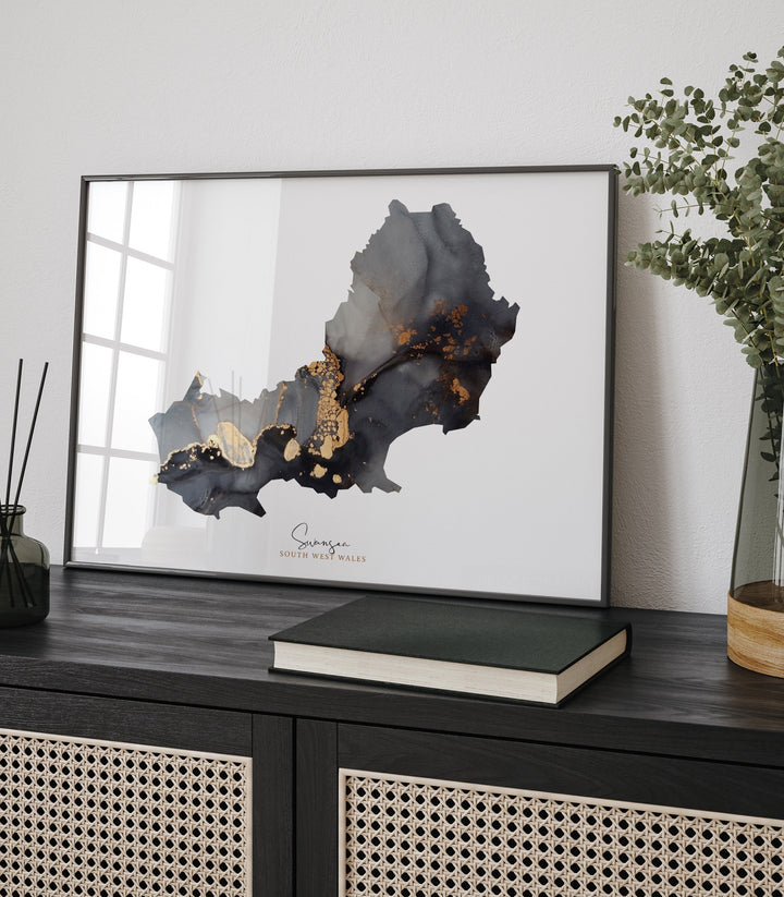 Swansea Map Black and Gold Wall Art Print | South West Wales | United Kingdom | Great Britain