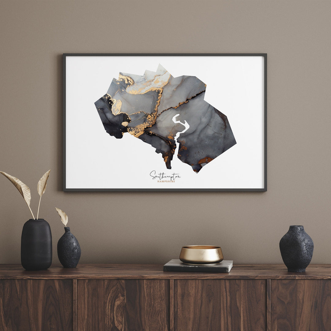 Southampton Map Black and Gold Wall Art Print | Hampshire | England | United Kingdom | Great Britain