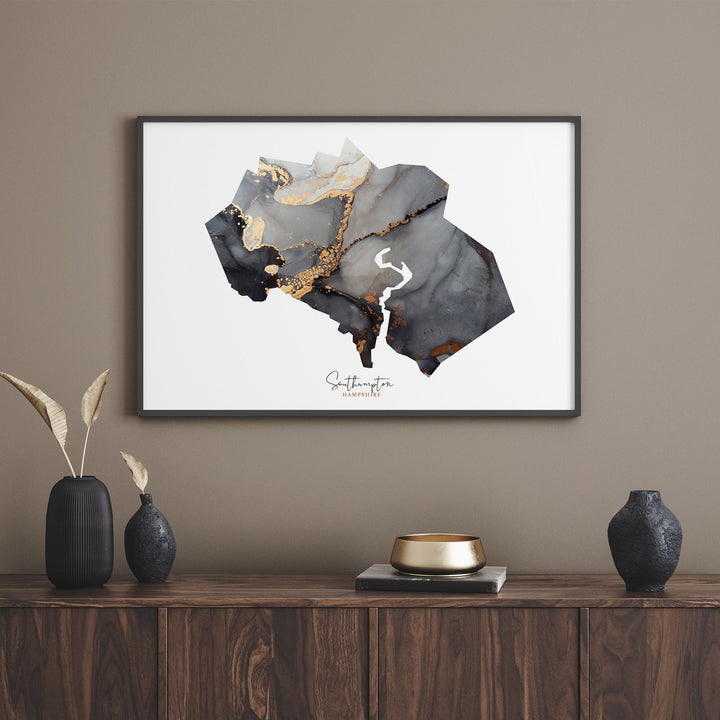 Southampton Map Black and Gold Wall Art Print | Hampshire | England | United Kingdom | Great Britain