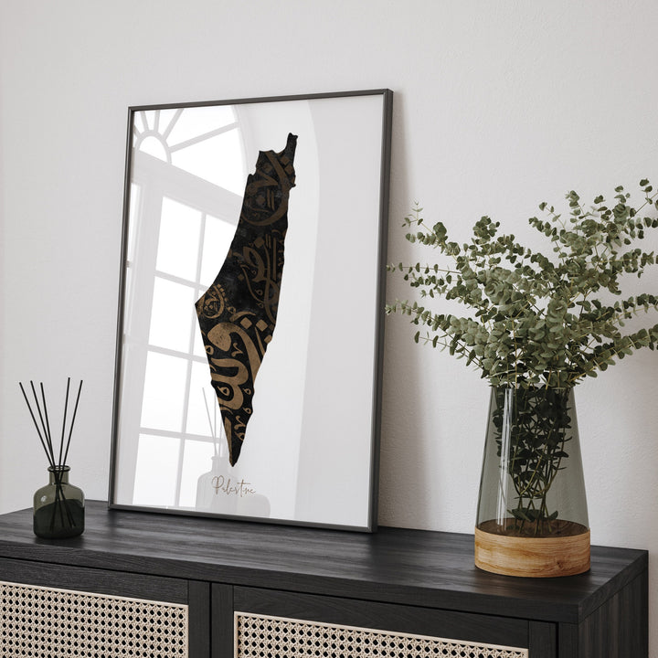 Palestine Map Wall Art Print | Black & Gold Arabic Calligraphy Edition
