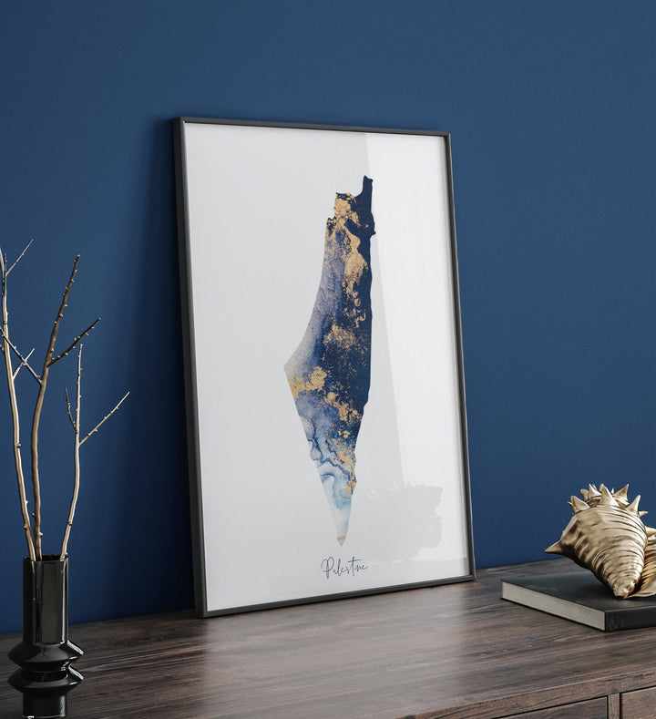 Palestine Map Navy Blue & Gold Wall Art Print