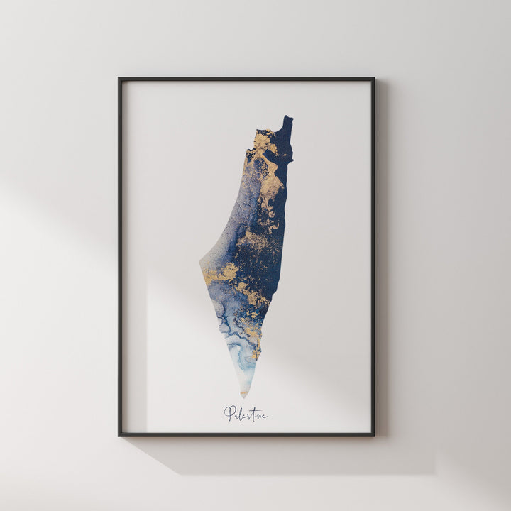 Palestine Map Navy Blue & Gold Wall Art Print