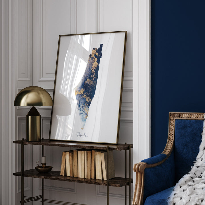 Palestine Map Navy Blue & Gold Wall Art Print