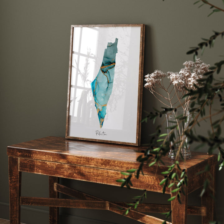 Palestine Map Shades of Blue & Green With Gold Wall Art Print