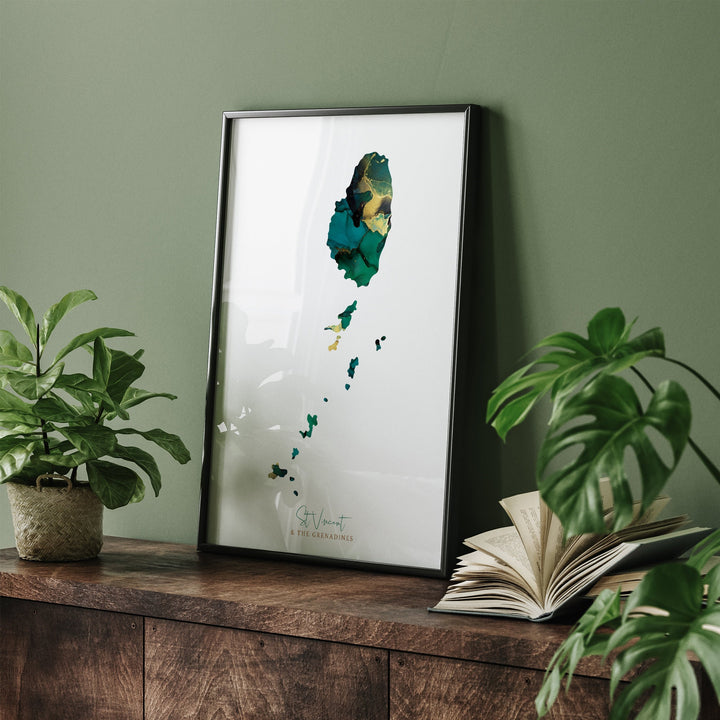 Saint Vincent and the Grenadines Map Emerald Green and Gold Wall Art Print