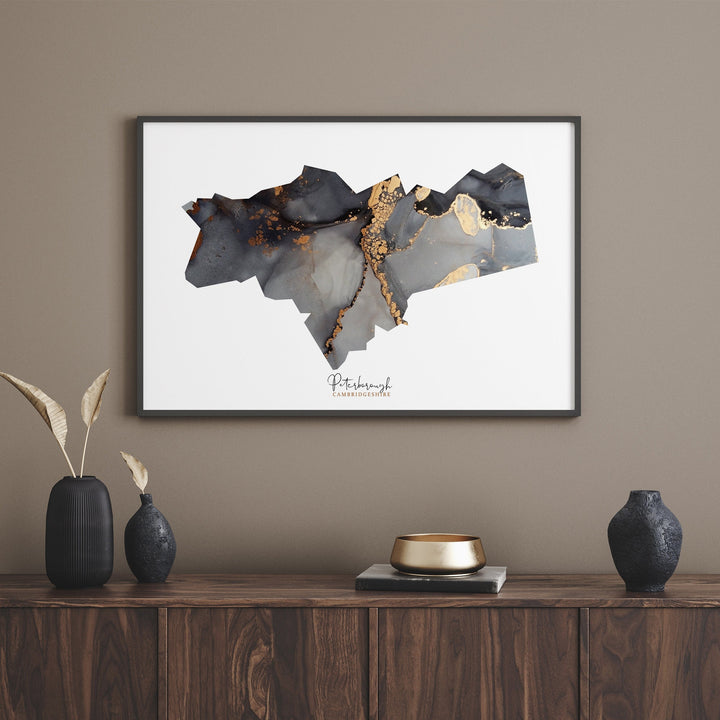 Peterborough Map Black and Gold Wall Art Print | Cambridgeshire | England | United Kingdom | Great Britain