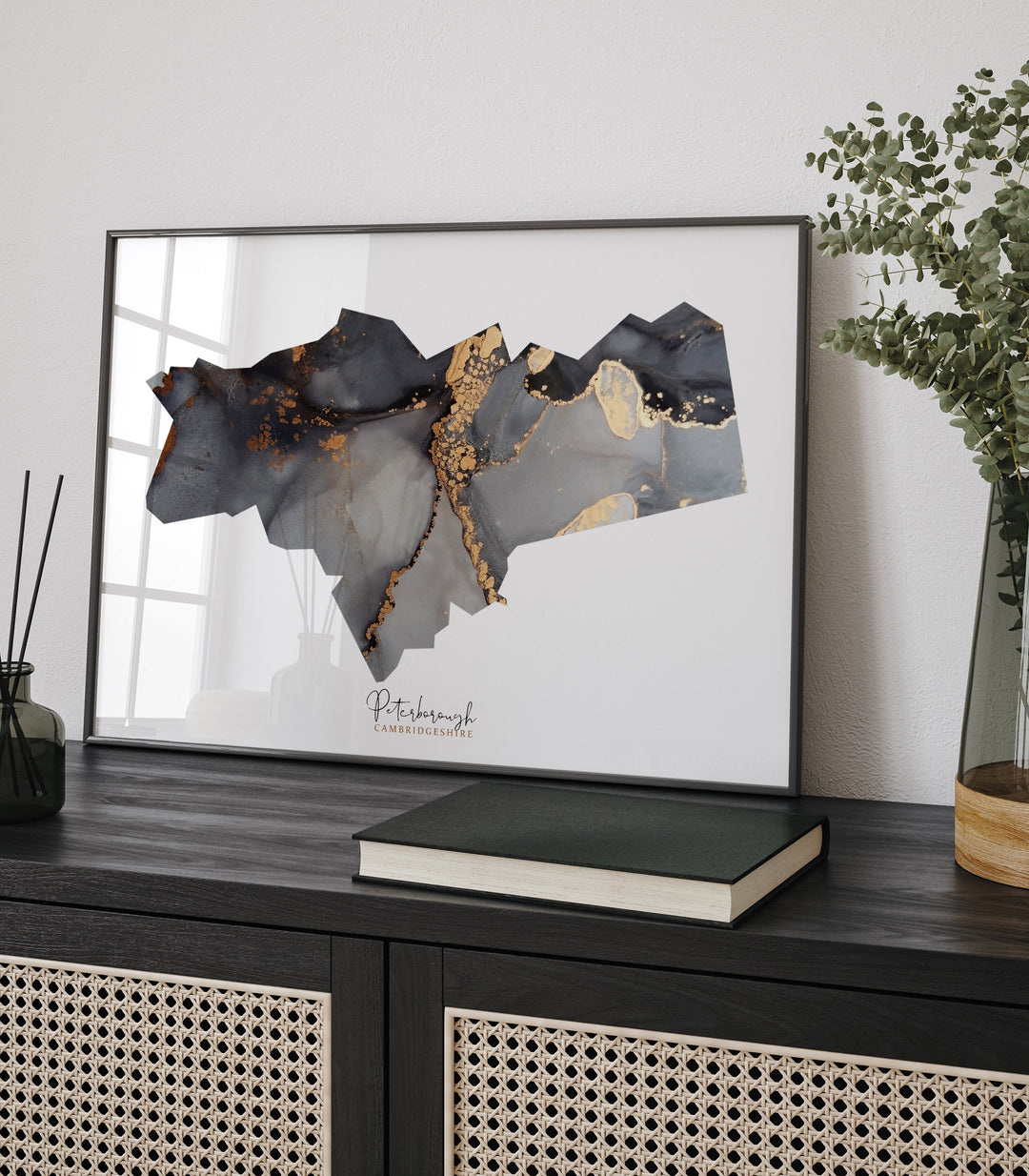 Peterborough Map Black and Gold Wall Art Print | Cambridgeshire | England | United Kingdom | Great Britain