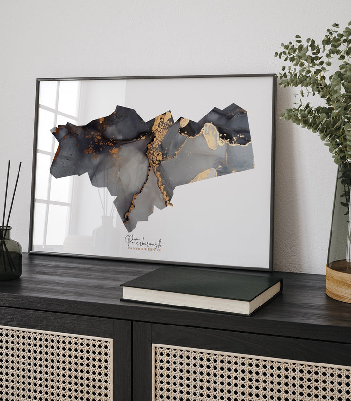 Peterborough Map Black and Gold Wall Art Print | Cambridgeshire | England | United Kingdom | Great Britain