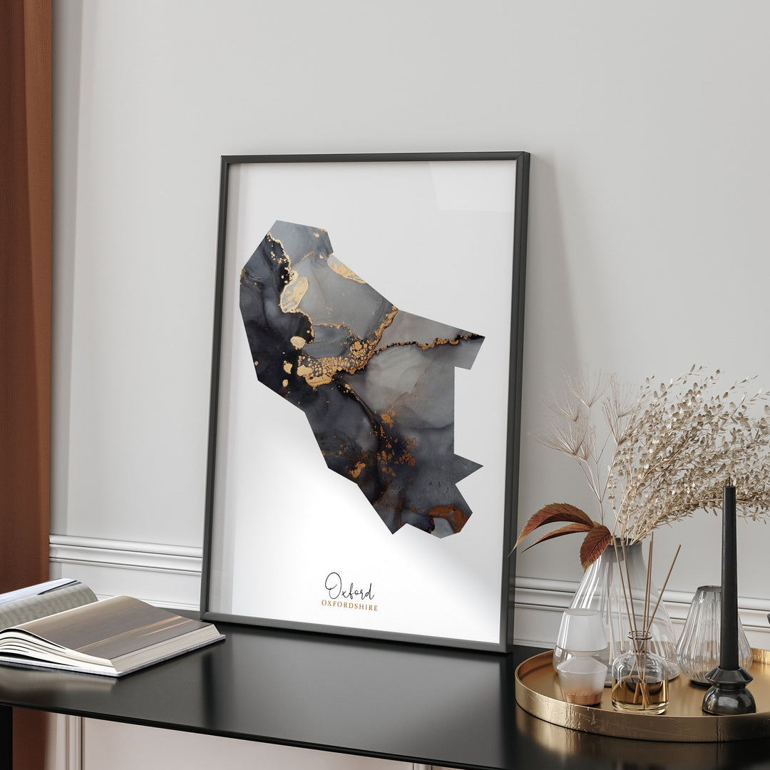 Oxford Map Black and Gold Wall Art Print | Oxfordshire | England | United Kingdom | Great Britain