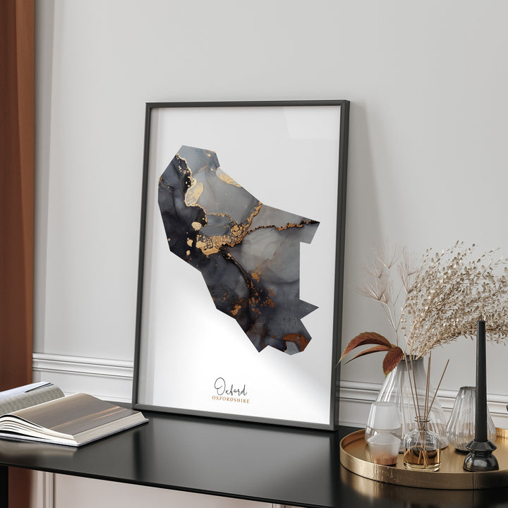 Oxford Map Black and Gold Wall Art Print | Oxfordshire | England | United Kingdom | Great Britain
