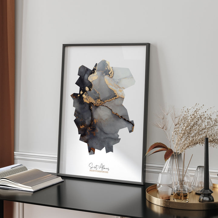 Saint Albans Map Black and Gold Wall Art Print | Hertfordshire | England | United Kingdom | Great Britain